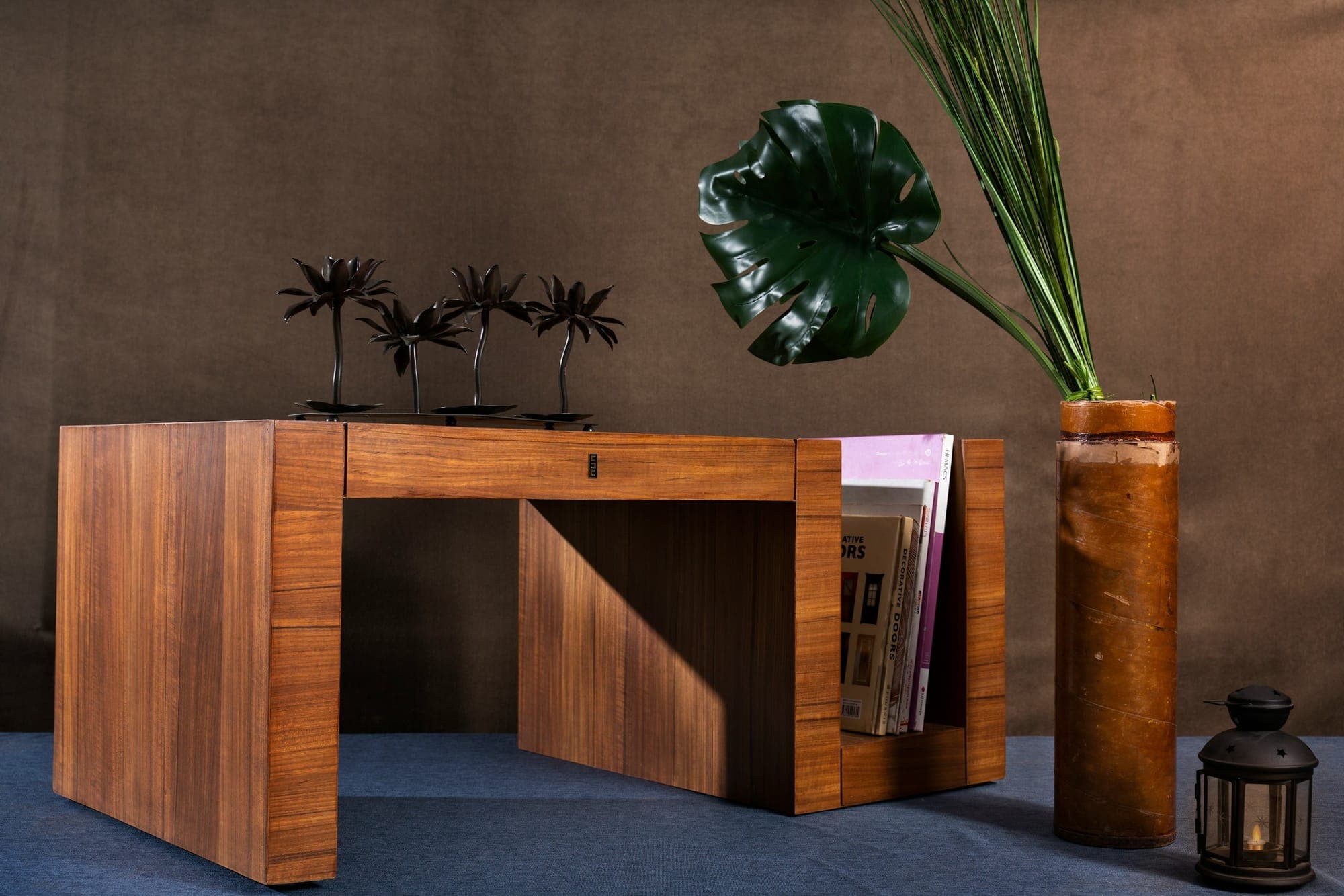 A thick solid walnut desk with waterfall ends