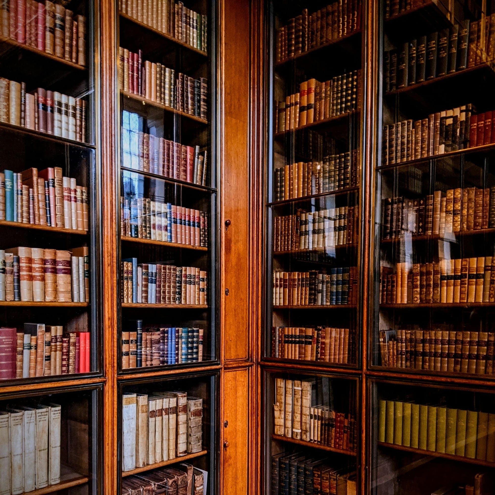 Floor-to-ceiling dark hardwood library shelving filled with books